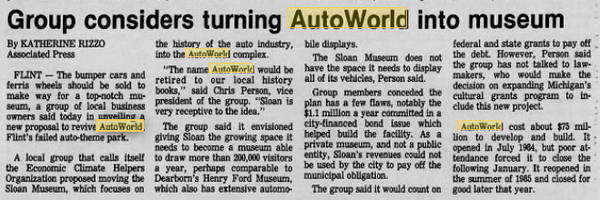 AutoWorld (Six Flags AutoWorld) - 1988 ARTICLE ON MUSEUM IDEA